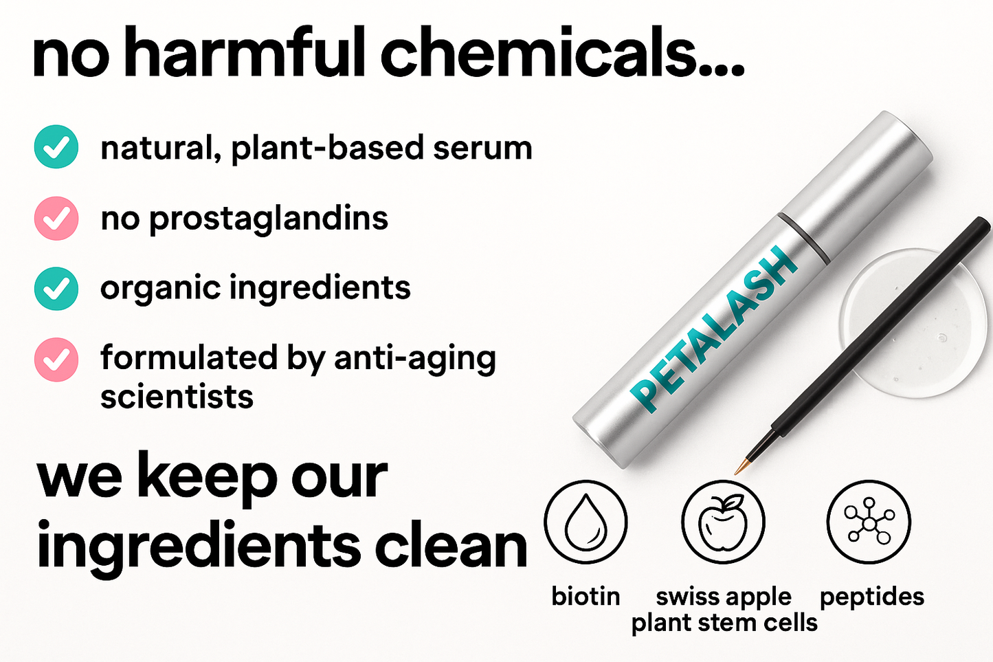 PETALASH promotional image with clean ingredients messaging